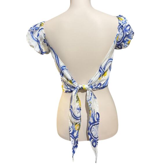 Sesto Senso Linen Crop Top Puff Sleeves Tie Back Size Medium Blue Yellow Floral - Picture 2 of 9